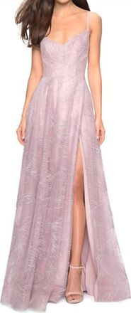 La Femme Floral 2-Strap Satin Gown In Mauve
