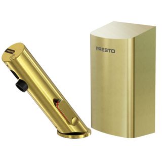Presto Grifo Mezclador Infrarrojo Con Llave De Paso + Secador De Manos Presto Linea, Dorado Cepillado