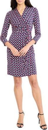 London Times Geometric Print Faux Wrap Dress in Pink Flambe/Navy at Nordstrom Rack, Size X-Small P