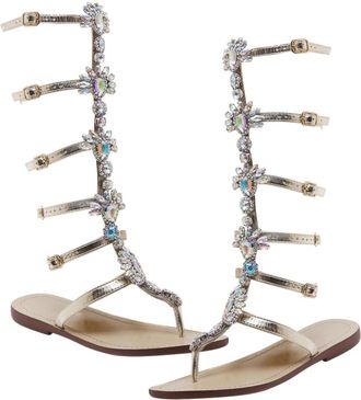 Yarnow Summer Roman Flat Sole Sandals for Women Breathable Rhinestone High Tops with Adjustable Buckle Strap Stylish Golden Footwear for Beach Party and Casu