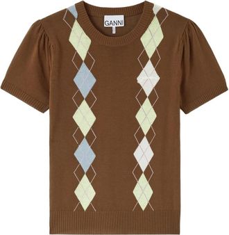 Ganni Licht Katoenen Argyle T-shirt - Dames - Ronde hals truien - Bruin - M - Katoen - Truien & Vesten