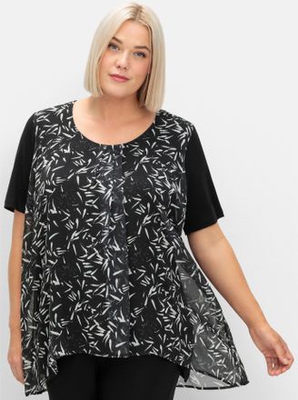 Sheego Blusenshirt SHEEGO Blusenshirt, Damen, Gr. 40, schwarz, wei&szlig;, gemustert, 95% Viskose, 5% Elasthan, Webware:100% Polyester, gebl&uuml;mt, gemustert, mehrfar