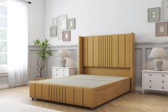 Sloomy Hargrave Plush Divan Base No Drawers-54 Wingback & 12 Footboard in Mustard | Size: Small Double