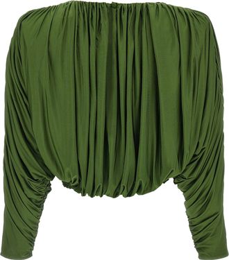 Self Portrait Draped Bat Sleeve Blouse - Olive Green