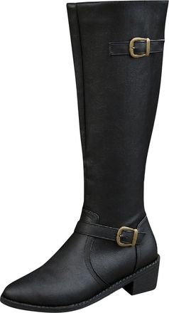 Generic Knee High Boots Women Slouchy Comfortable Wide Calf Platform Flat Tall Boot Stretch Retro Low Heel Stylish Round Toe Fall Winter Casual Boots(Black,40