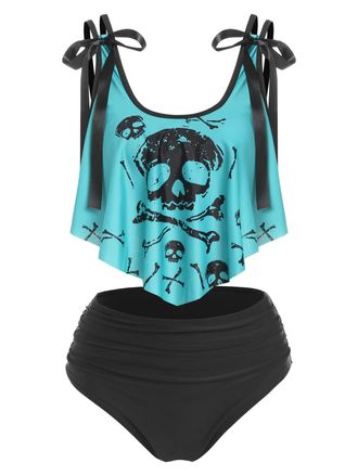 Dressfo Womens Bikini Set High Waisted Bikini Two Piece Bathing Suit Tummy Control Tankini Gothic Skull Swimsuit, Light Blue, S