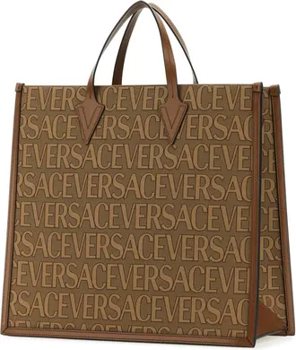 Versace Mens Logo-Embroidered Canvas Tote Beige Polyester Cotton