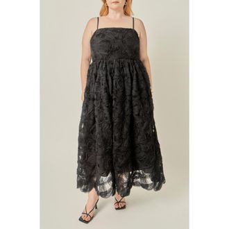 English Factory Flower Embellished Midi Dress in Black at Nordstrom, Size 3X