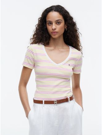 Tommy Hilfiger Womens V-Neck Striped Favorite T-Shirt - White - XXL