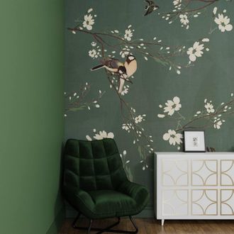 Superfresco Easy Birds & Blossom Dark Green Print To Order 3m x 2.8m Mural