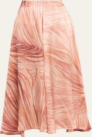Kiton Feather-Print Silk A-Line Midi Skirt