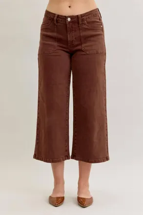 Judy Blue Mid Rise Wide Crop Garment Dyed Utility Pocket Jeans In Maple