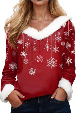 Generic Christmas Jumpers for Women Plush Collar Cuffs Sweaters Fashion V Neck Snowflake Wine Glasses Graphic Tees Sweatshirt Xmas Tree Print Warm Xmas Jumper