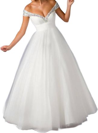 Mac Duggal Crystal Off The Shoulder Gown In White