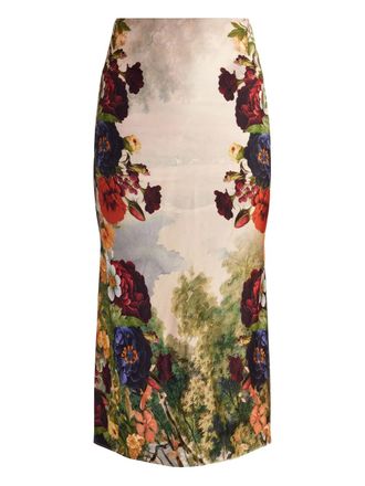 Alice & Olivia Maeve floral-print satin midi skirt - women - Viscose/Elastane - 12 - Neutrals