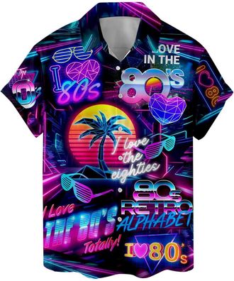 Generic Retro Neon Retro Hawaiian Shirt for Men Vintage Bowling Shirt Mens Hawaiian Shirts Short Sleeve Button Down Shirt Men Shirts667