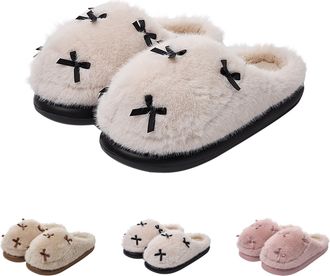 Generic Womens Fluffy Slippers Womens Chunky Slippers Cute Bow Tie Slipper Soft Touch Fuzzy Slipper Slip On Closed Toe Sliders With Warm Lined Ladies Cosy Sli