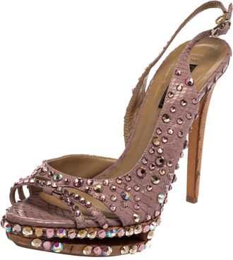 Le Silla Purple Crystal Embellished Leather Peep Toe Platform Sandals