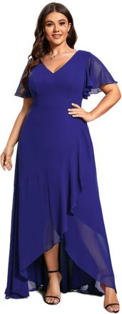 Ever-pretty Women Plus Size Bridesmaid Dress Chiffon Asymmetric Ruffle Sleeves Sapphire Blue 20