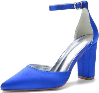 Generic Wedding Bridal Shoes Womens Elegant Chunky Block Heel Pointed Toe Court Pumps 9Cm Bridal Party Pumps Shoes for Dress Occasions,Blue,10 UK