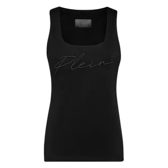 Philipp Plein Tops, Dames, Zwart, L, Katoen, Leisurewear Tank Top Embroidery Signature