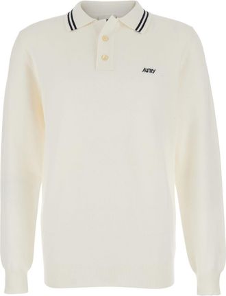 Autry White Long-sleeve Polo Shirt With Striped Collar And Logo Lettering Embroidery On The Front In Wool And Cotton Blend Man
