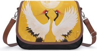 Generic Golden Japanese Cranes Oriental Traditional Crossbody Bag Womens Handbag PU Message Bags Shoulder Purse with Adjustable Strap
