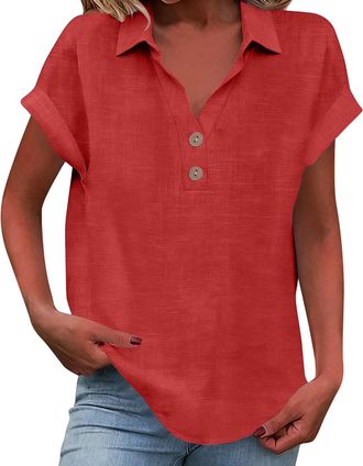 Generic t Shirts for Women UK, Ladies Tops 2026 Womens Summer Cotton Linen Cap Sleeve T-Shirt Button V Neck Tunic Top Fashion Baggy Solid Plain Casual Shirts 
