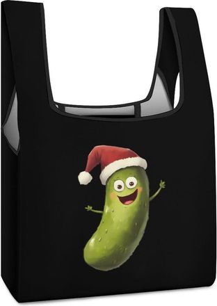 Generic Cute Pickle in Santa Hat Reusable Shopping Bags Lightweight Foldable Grocery Bag Polyester Washable Tote Bag