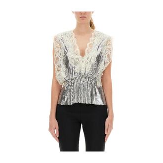 Paco Rabanne Overhemden, Dames, Grijs, S, Top met kantinzet en gerimpelde taille
