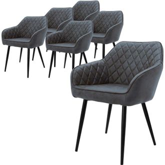 ML Design Set 6 Sedie da Sala da Pranzo con Braccioli e Schienale Rivestimento in Imitazione di Pelle Antracite Sedia Cucina Imbottita con Gambe in Acciaio