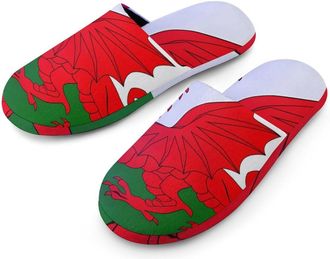 Generic Wales Dragon U.S. Flag Flannel Mens Slip-on Slippers Winter Warm House Shoes with Rubber Sole for Home Hotel