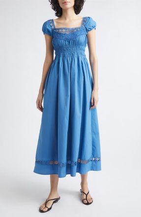 Poss&eacute; Veda Lace Detail Cotton Midi Sundress in Azure at Nordstrom, Size Xx-Small