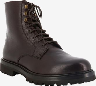 Brunello Cucinelli Gef&uuml;tterte Schn&uuml;r-Halbstiefel aus genarbtem Leder