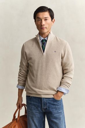 GANT Men Textured Cotton Half-Zip Sweater (XXXL) OAT MELANGE