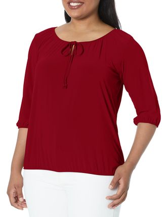 Star Vixen Womens 3/4 Sleeve, Front Tie Peasant Top Blouse, Burgundy, 3X