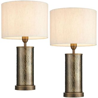 Loops 2 PACK Hammered Bronze Table Lamp Aged Metal & Off-White Shade Bedside Light in White