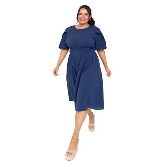 Lovedrobe Womens Ladies Midi Dress Round Neck Short Puff Sleeves Crossover Elasticated Waistband Textured A-line Casual Blue 14
