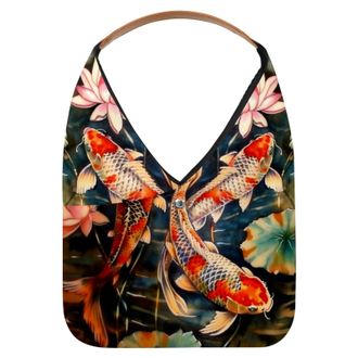 Generic Koi Fish Lotus Painting Reusable Lightweight Grocery Bags - Foldable Into Compact Pouch, Washable & Sturdy, Multipurpose for Shopping and Travel