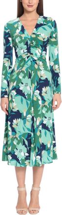Maggy London Long Sleeve Floral Midi Dress In Navy Mint