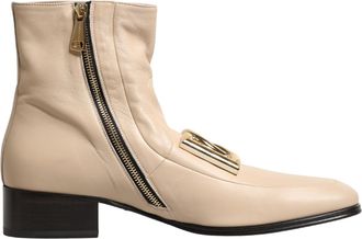 Dolce & Gabbana Beige Leather Logo Plaque Ankle Boots Mens Shoes