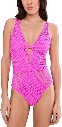 BECCA by Rebecca Virtue Castaway Textured Plunge One-Piece Womens Swimsuits One Piece Roseberry : SM, Nylon/Spandex
