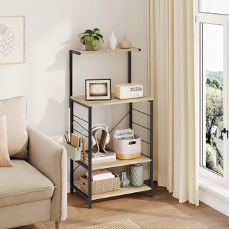 Woltu Woltu Scaffale Per Cucina In Acciaio Legno 4 Ripiani Ganci Carrello Microonde Legno+nero