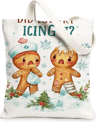 Generic Christmas Gingerbread Canvas Tote Bags, Cute Biscuits Design Reusable Bags, Winter Lightweight Washable Shoulder Strap Canv, White, 13x15 Inch