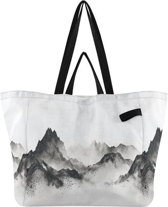 Generic Mountain Black print Reusable Canvas Tote Bag, Heavy Duty Grocery Shopping Bag with Double Handles Large Capacity Hard Bottom Work Groceries Travel