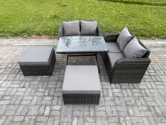Fimous Outdoor Garden Furniture Sets 5 Pieces Wicker Rattan Furniture Sofa Sets with Rectangular Dining Table Love Sofa in Dark Grey