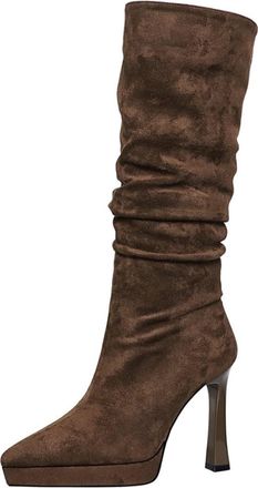 Generic High Boots Women Faux Suede Stiletto 11.5CM Lift Pleated Knee-high Fashion Long Tall Boots Fashion Long Tall Winter (Brown,3.5)