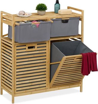 Relaxdays Estanter&iacute;a Ba&ntilde;o Con 2 Cestos Ropa Sucia, Basculante, 40 L, Balda Y 2 Cajones, Bamb&uacute;, 95x88x33 Cm, Natural/gris - Relaxdays