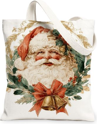 Generic Vintage Santa Canvas Tote Bag, Holiday Christmas Reusable Grocery Bags, Lightweight Washable Shoulder Strap Canvas Bags for, White, 13x15 Inch