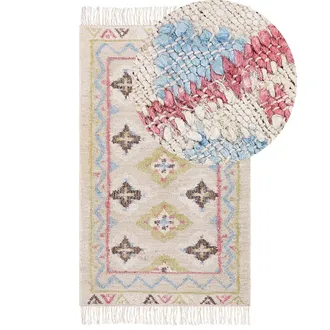 Beliani Alfombra De Yute Beige Verde Azul Marr&oacute;n Rosa 80 X 150 Cm A Mano Borlas Terkos